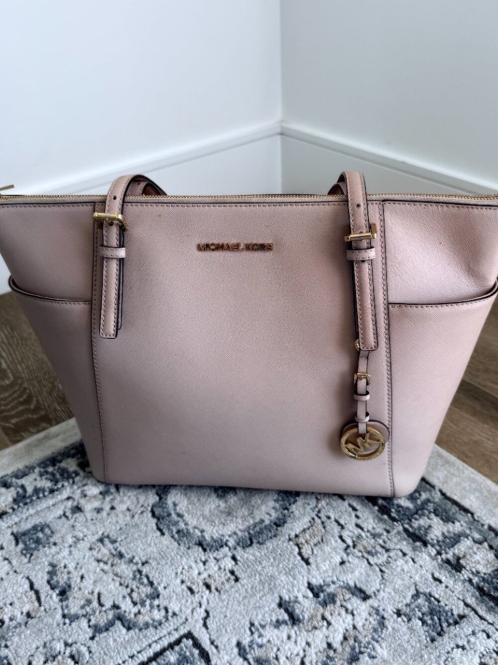 Michael Kors Jet Set Saffiano Leather Zip Top Tote Bag | Blush Pink / Rose Gold - Picture 11 of 14